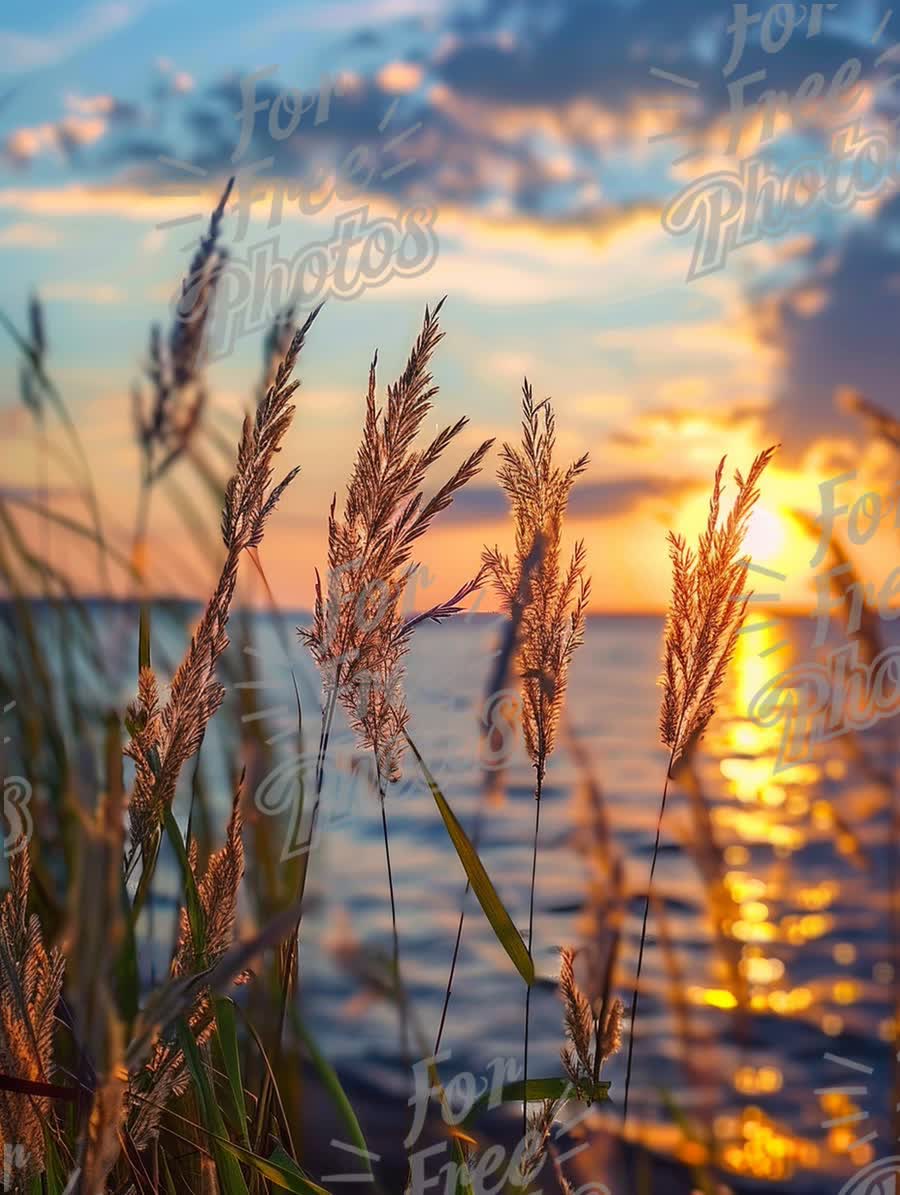 Serene Sunset Over Water with Silhouetted Grass: Tranquil Nature Scene