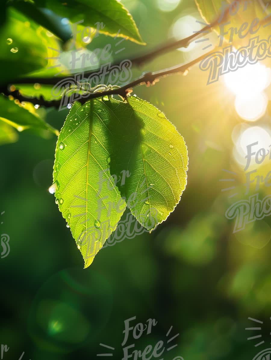 Fresh Green Leaves with Dew Drops and Sunlight Glare - Nature Background