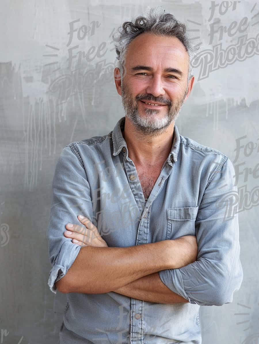 Confident Middle-Aged Man with Gray Hair Smiling Against Textured Background