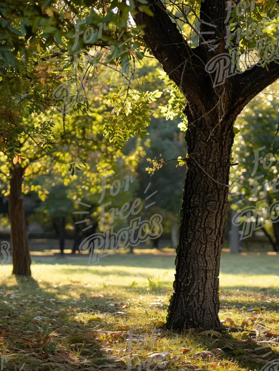 Serene Autumn Park Scene with Sunlit Trees and Tranquil Nature