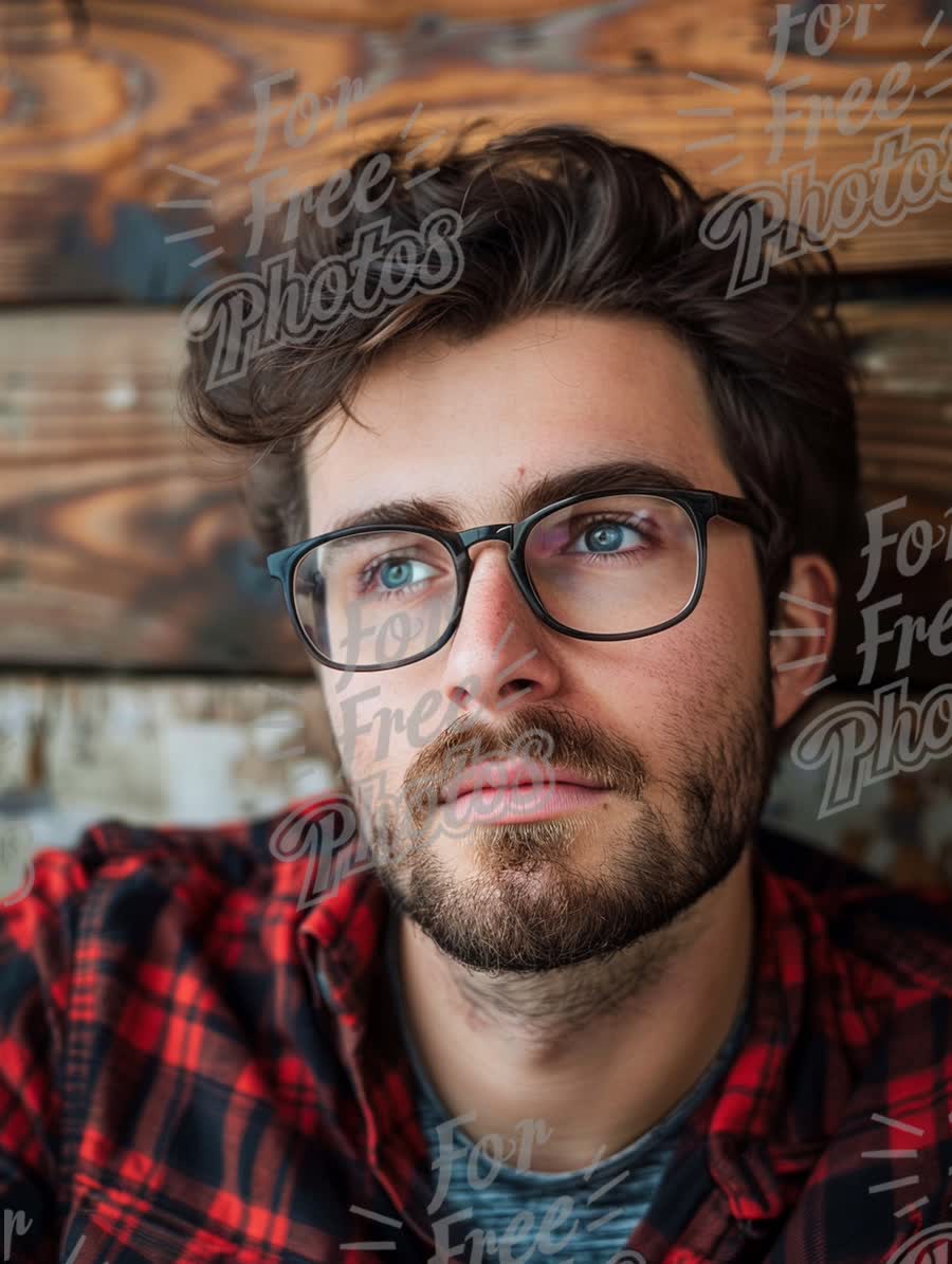 Thoughtful Young Man in Glasses Against Rustic Wood Background