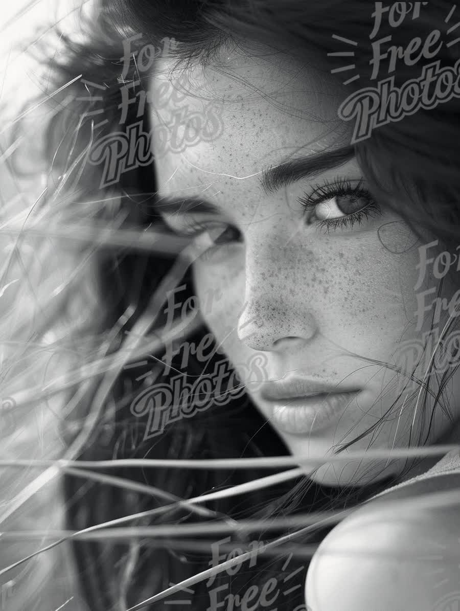 Captivating Black and White Portrait of a Young Woman with Freckles and Flowing Hair