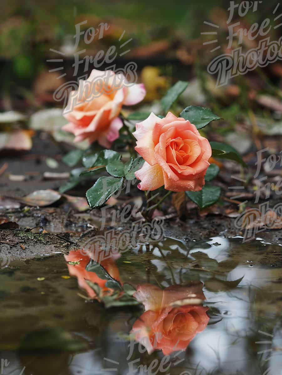 Delicate Roses with Reflection in Water After Rain