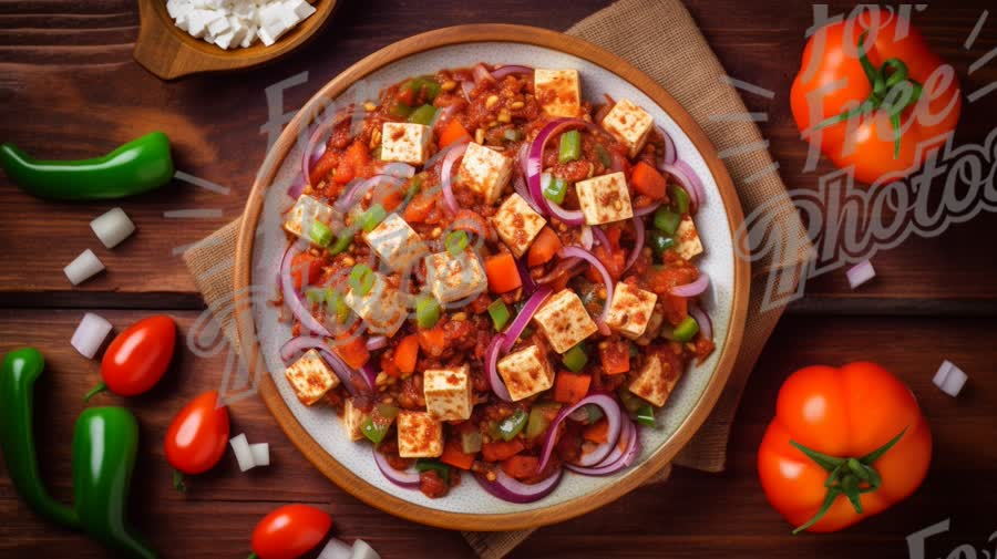 Delicious Vegetarian Chili with Tofu and Fresh Vegetables on Rustic Wooden Table