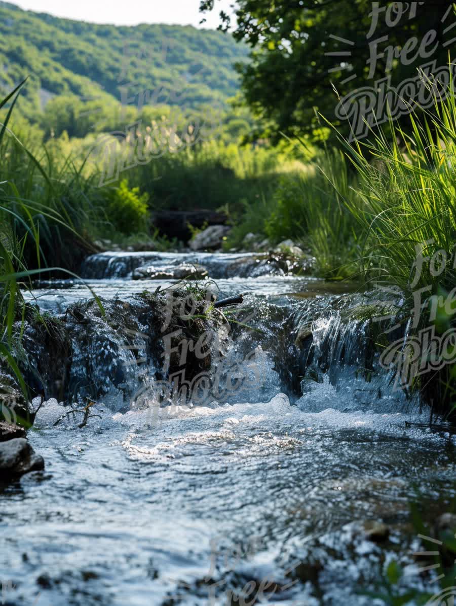 Tranquil Stream Flowing Through Lush Green Landscape