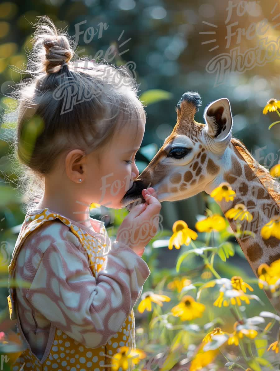 Whimsical Connection: Child and Giraffe in a Floral Paradise