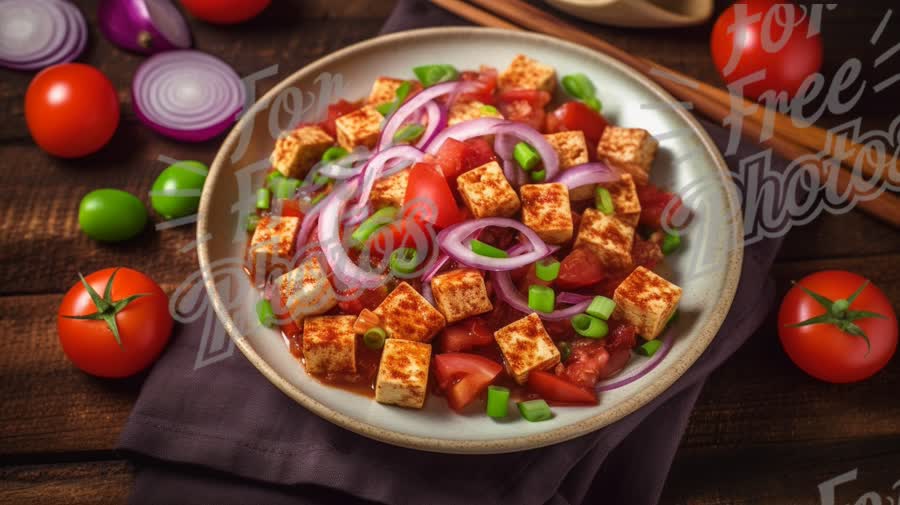 Fresh Tofu Salad with Tomatoes, Onions, and Green Onions - Healthy Vegetarian Dish