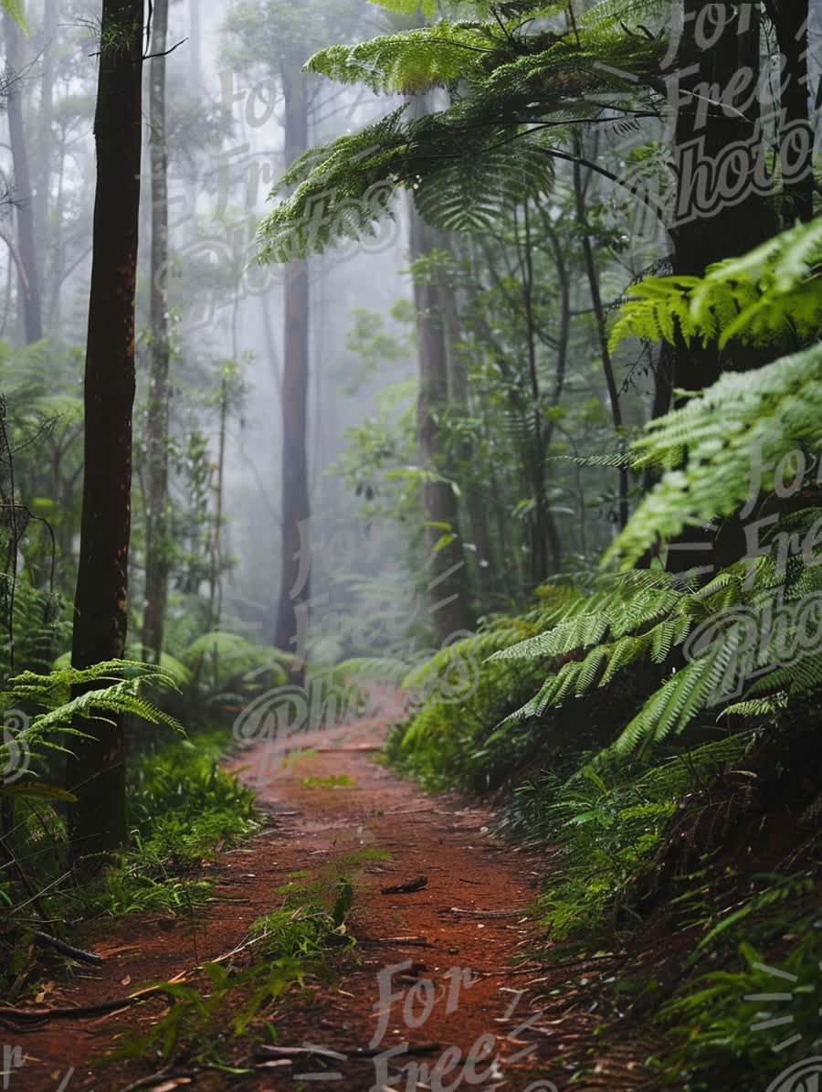 Serene Misty Forest Pathway: Tranquil Nature Trail in Lush Greenery