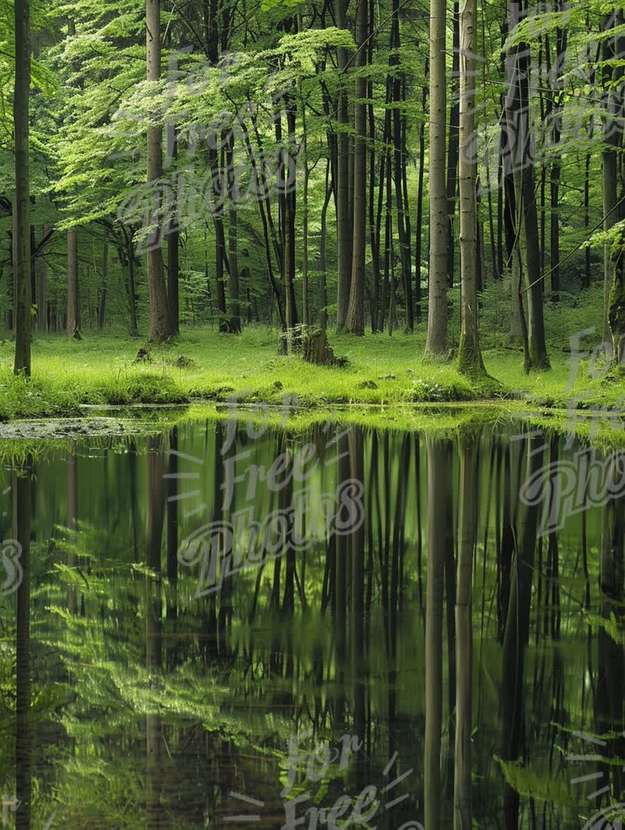 Tranquil Forest Reflection: Serene Green Landscape with Still Water