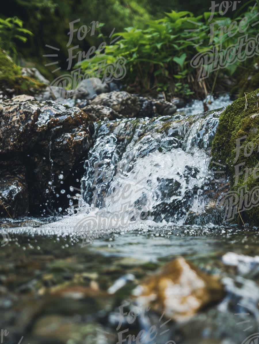 Tranquil Mountain Stream with Cascading Water and Lush Greenery