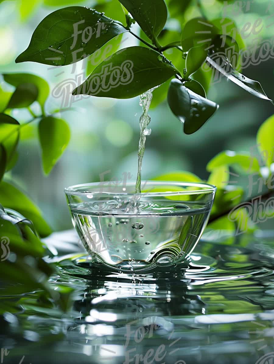 Refreshing Nature: Water Droplets and Green Leaves in Tranquil Setting