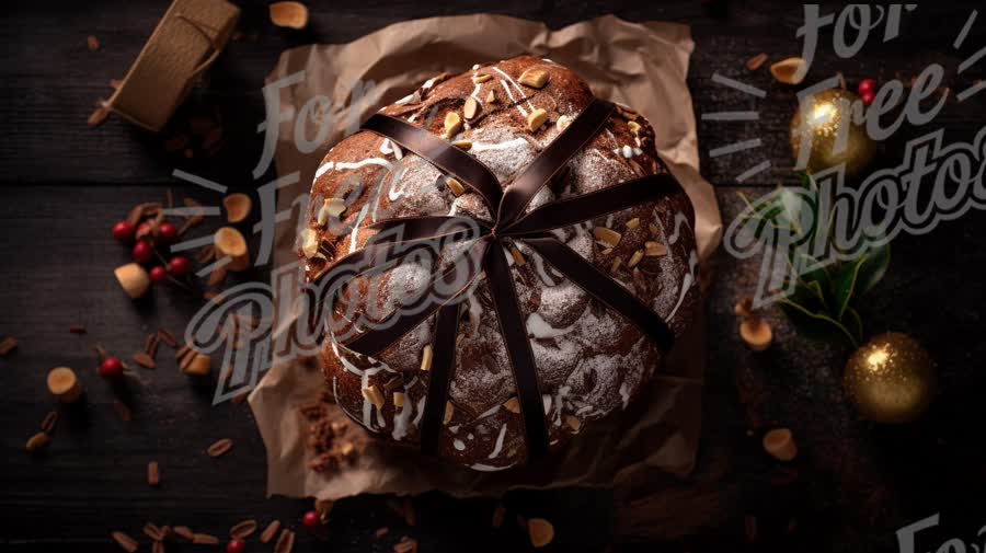 Festive Holiday Cake with Decorative Ribbon and Garnishes on Rustic Wooden Table