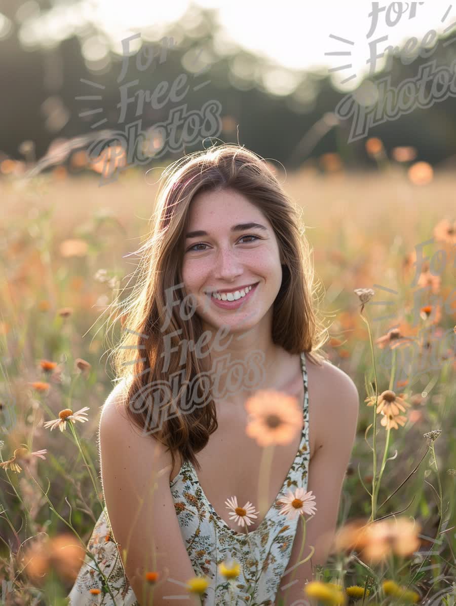 Joyful Young Woman Smiling in a Sunlit Wildflower Field