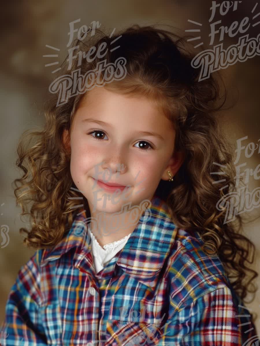 Charming Young Girl with Curly Hair in Colorful Plaid Shirt - Portrait of Innocence and Joy