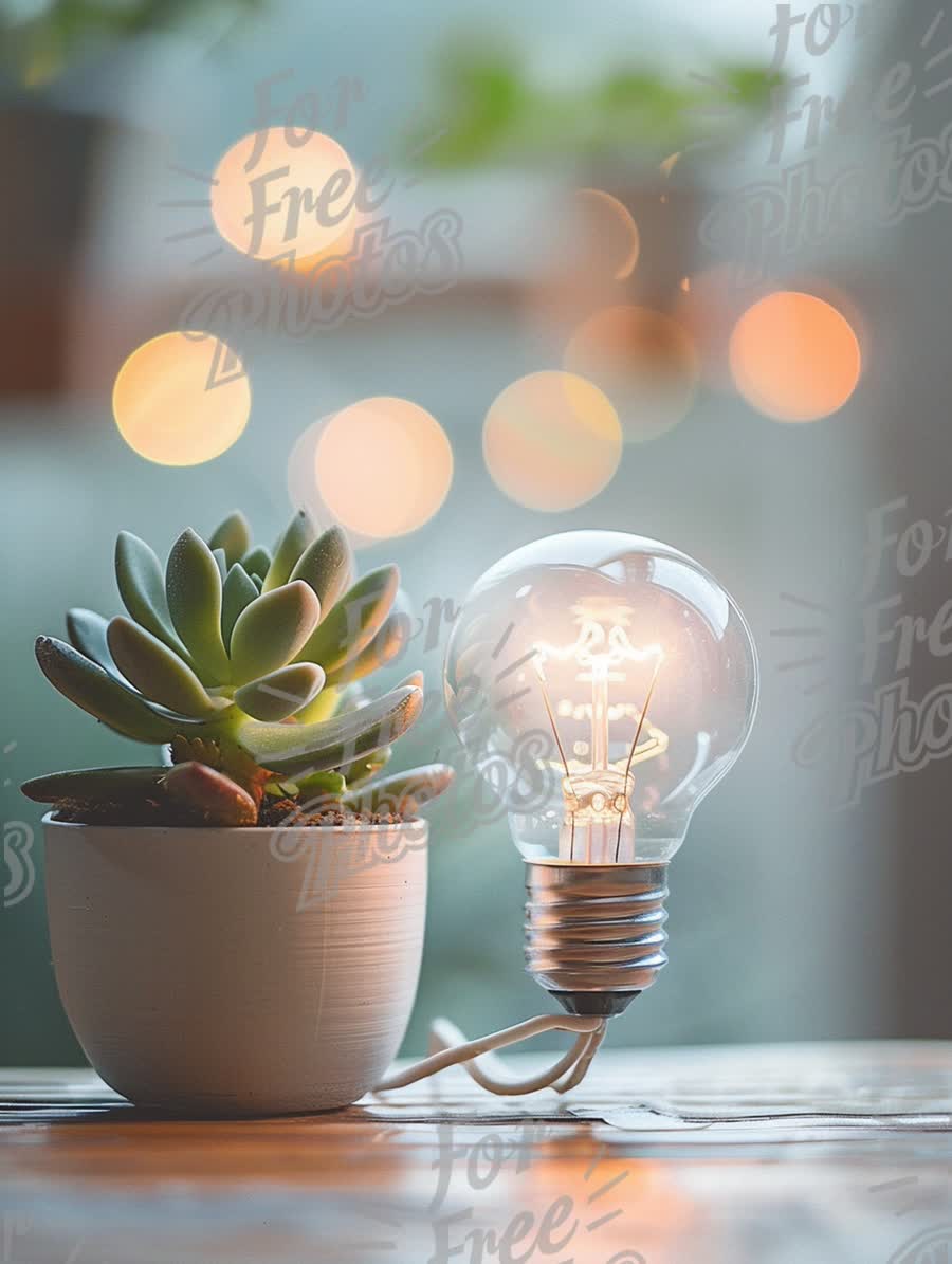 Creative Home Decor: Succulent Plant and Vintage Light Bulb with Bokeh Background