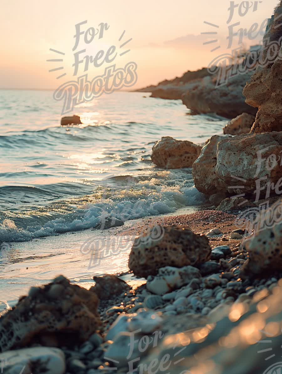 Tranquil Sunset Over Serene Coastal Rocks and Gentle Waves