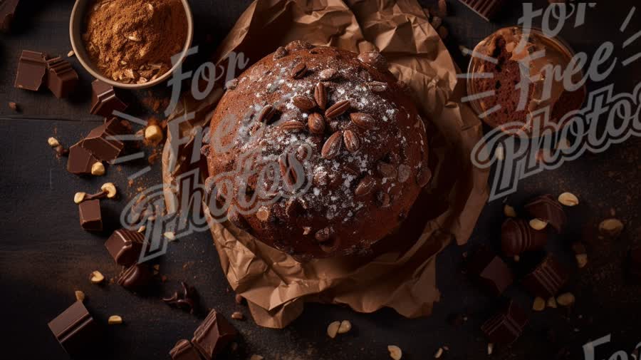 Decadent Chocolate Cake with Cocoa and Chocolate Garnishes on Rustic Background