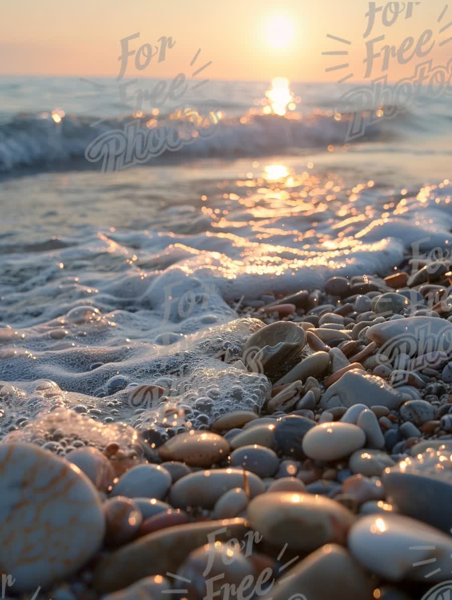 Tranquil Sunset Over Pebble Beach with Gentle Waves