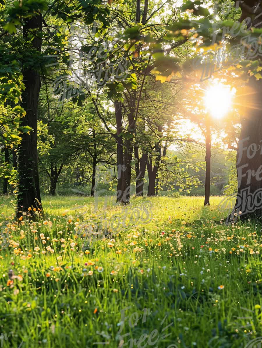 Serene Sunlit Forest with Blooming Wildflowers in Spring