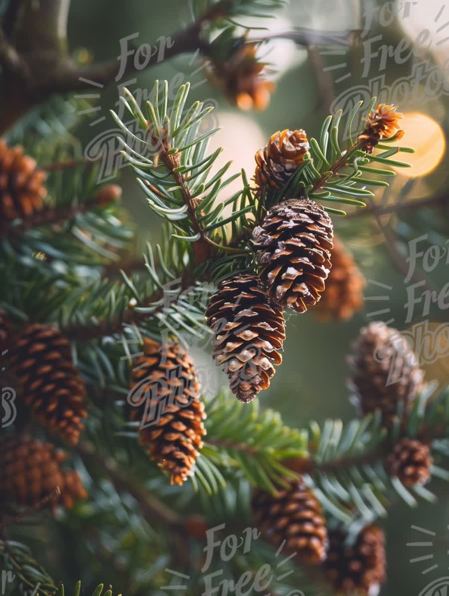 Close-Up of Pine Cones on Evergreen Branch with Soft Bokeh Background