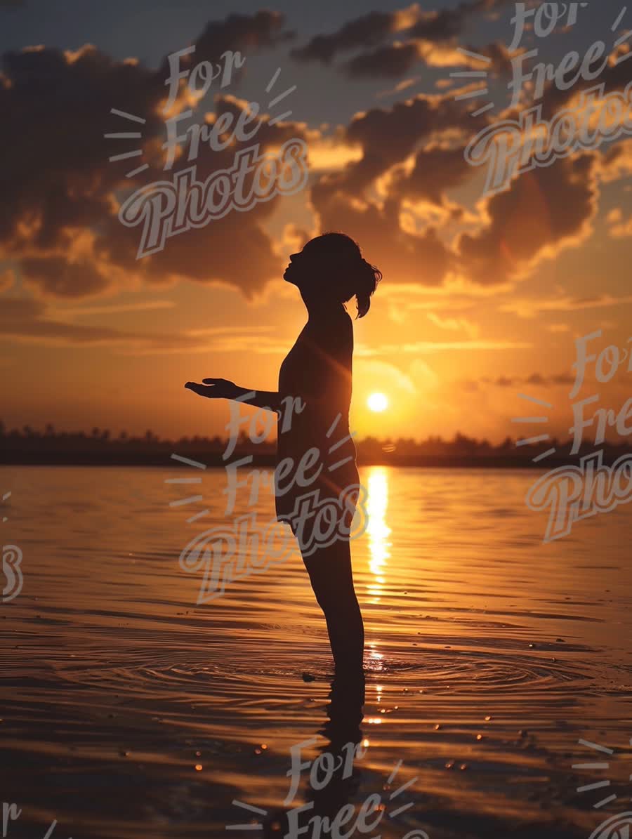 Serene Silhouette of a Woman at Sunset by the Water