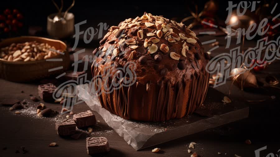 Decadent Chocolate Cake with Almonds and Chocolate Chips on Rustic Table