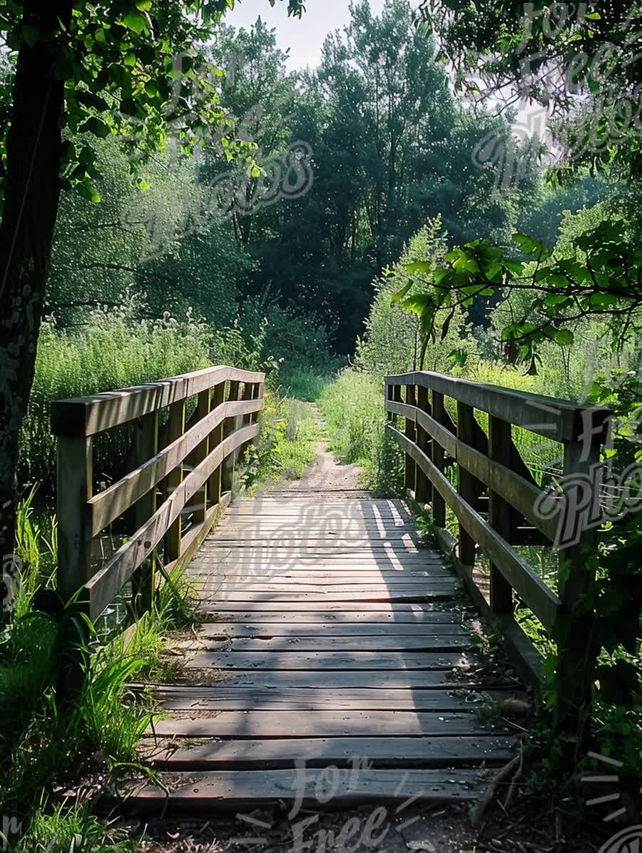 Tranquil Wooden Bridge in Lush Green Nature Pathway