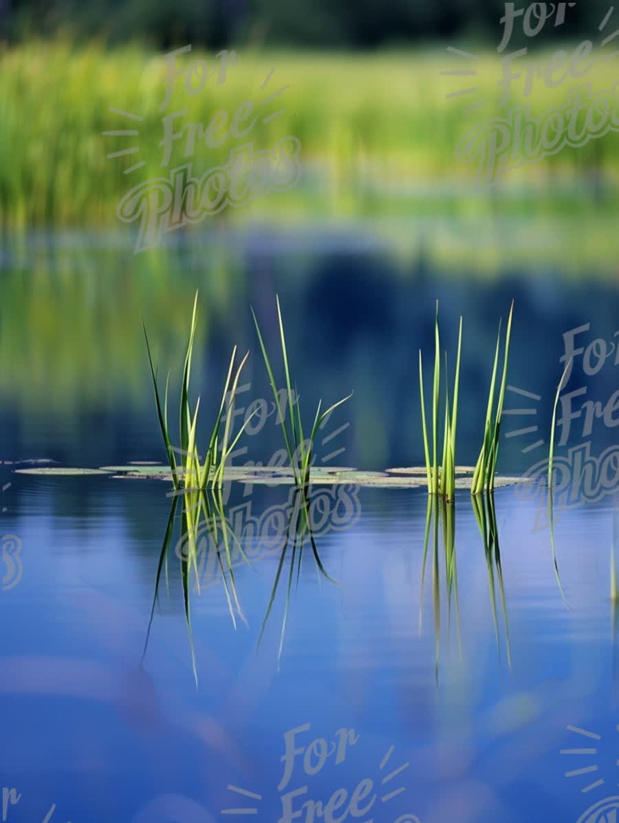 Tranquil Water Reflection: Serene Nature Scene with Reeds in Calm Lake