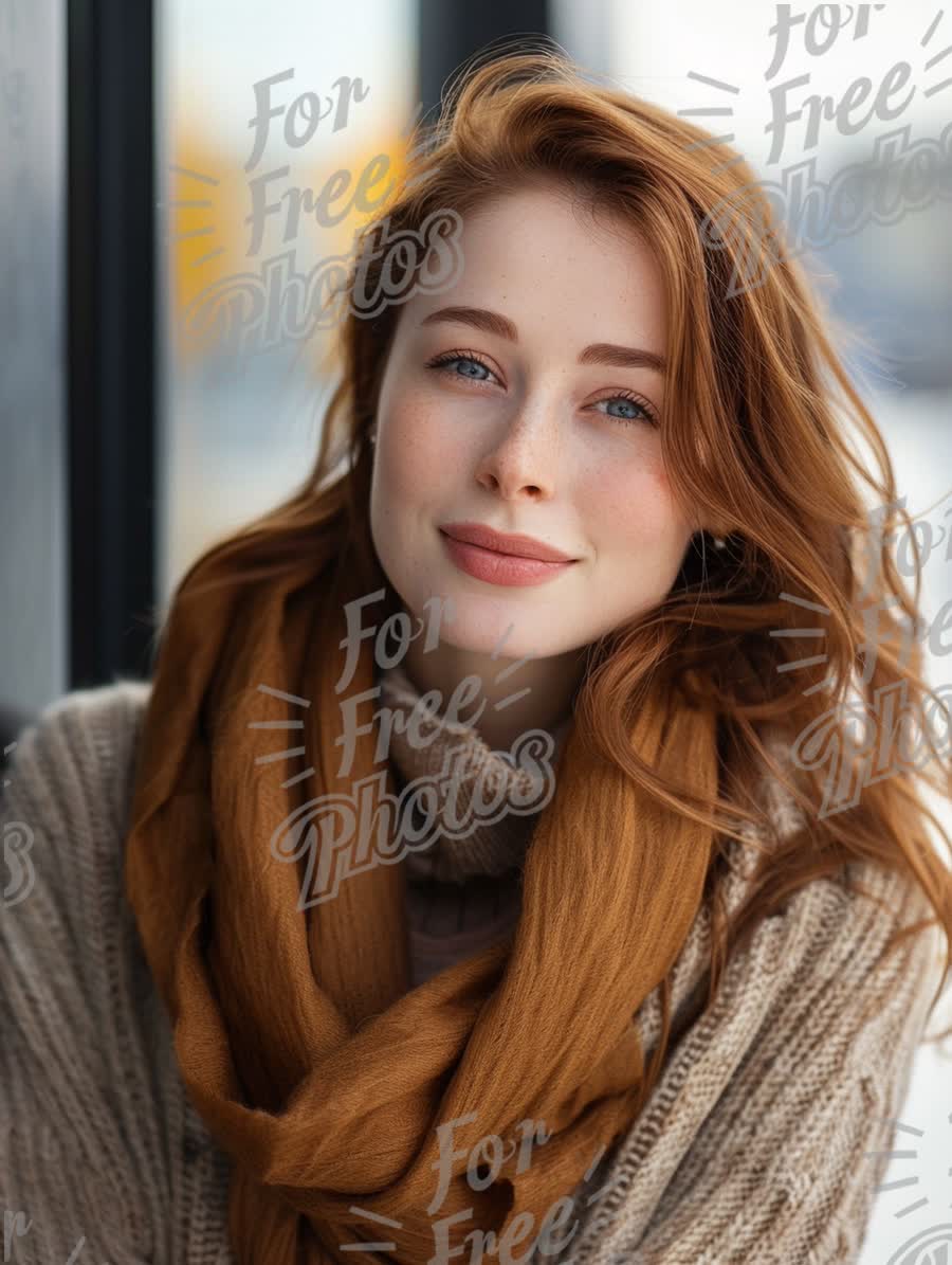 Warm Autumn Portrait of a Smiling Woman with Red Hair and Cozy Scarf