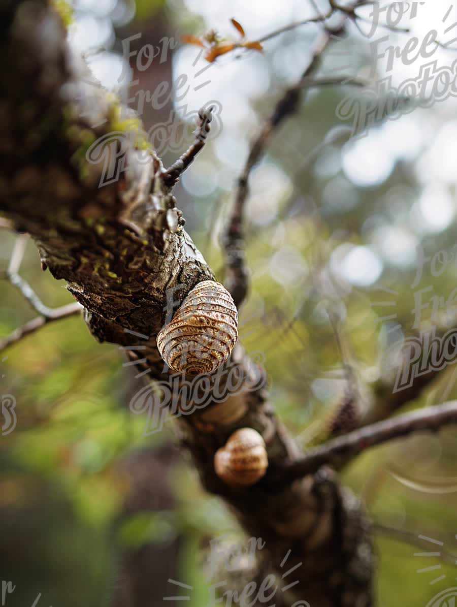 Close-Up of Snails on a Tree Branch in a Lush Forest Setting