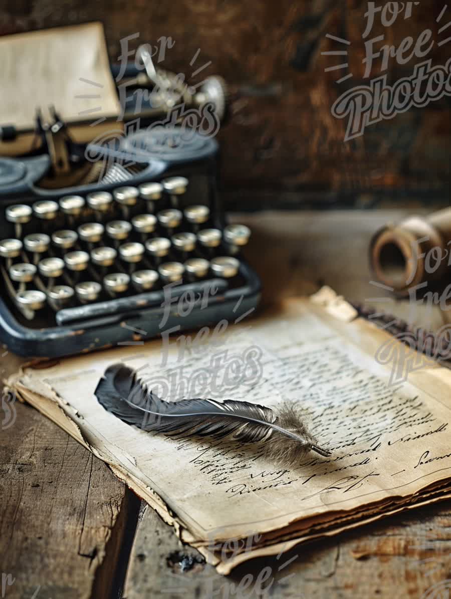 Vintage Writing Tools: Typewriter, Quill, and Antique Manuscript on Rustic Wood