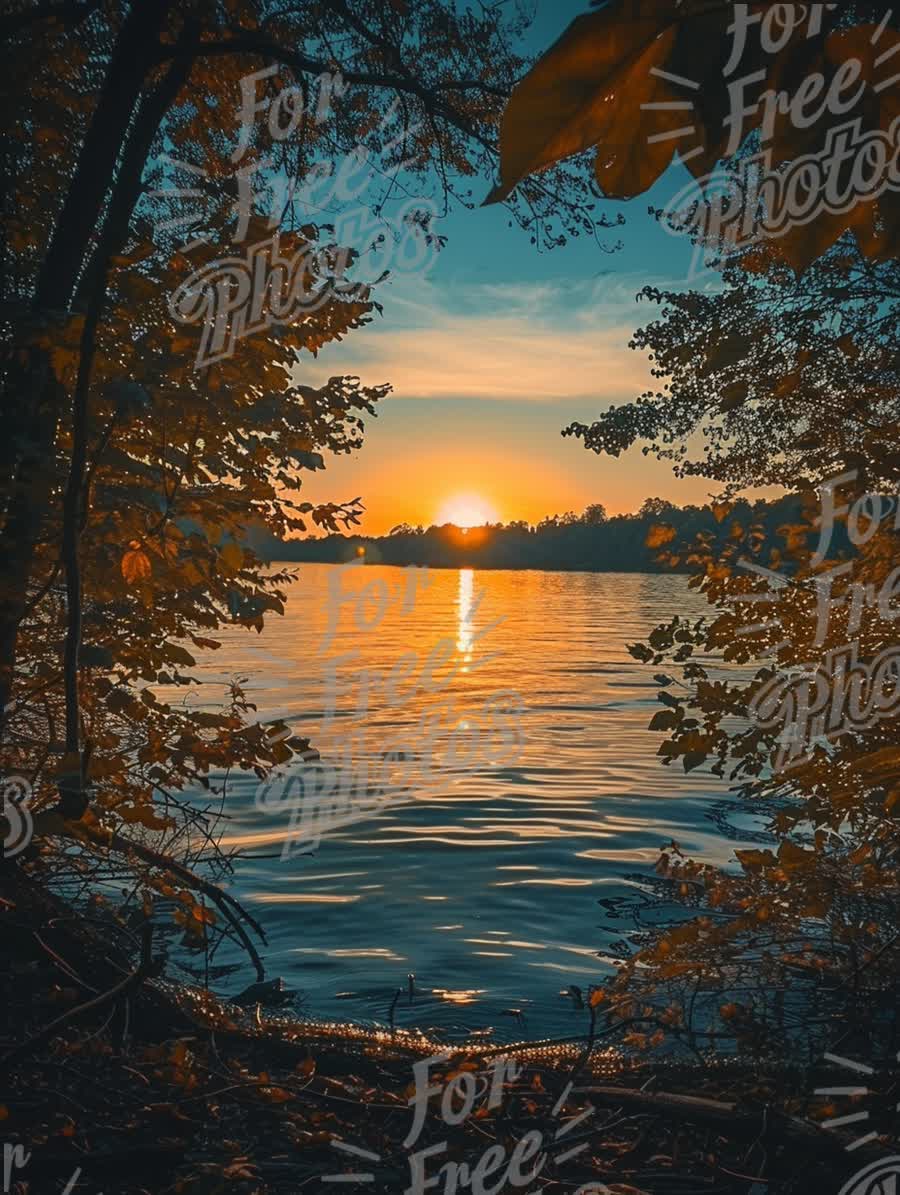 Serene Sunset Over Tranquil Lake Surrounded by Autumn Foliage