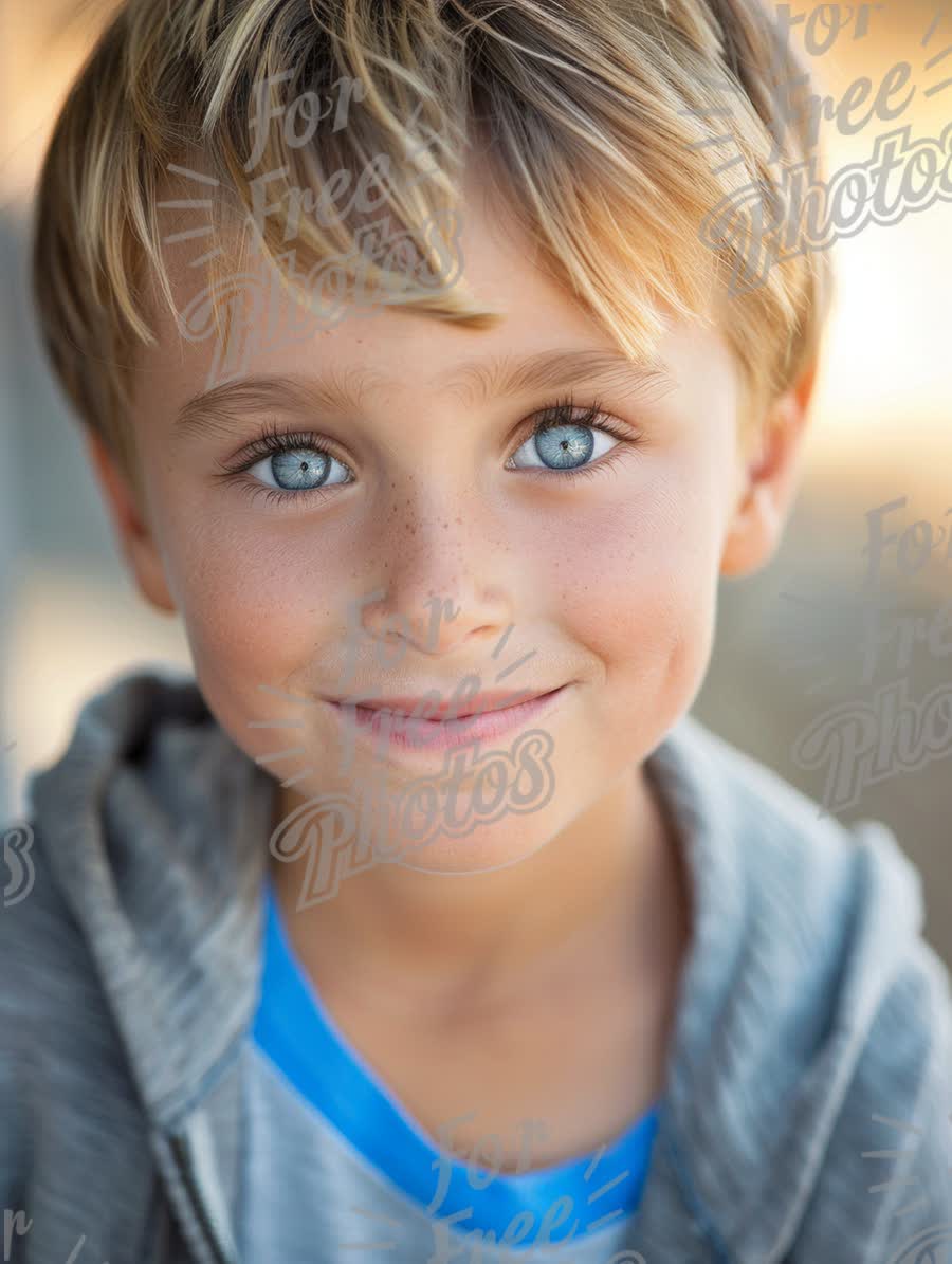 Charming Young Boy with Bright Blue Eyes and Freckles Smiling Outdoors