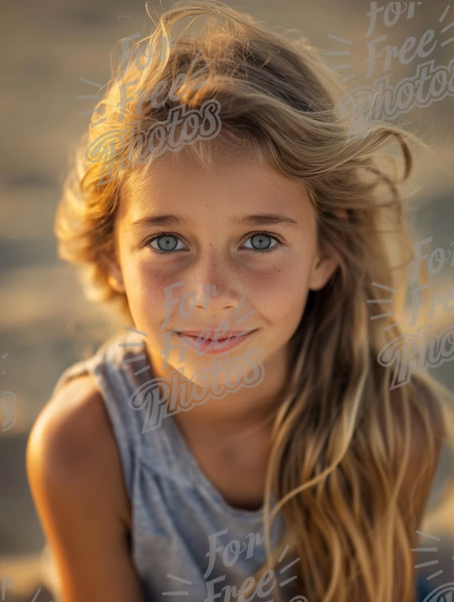 Joyful Child Portrait with Freckles and Windblown Hair on Beach