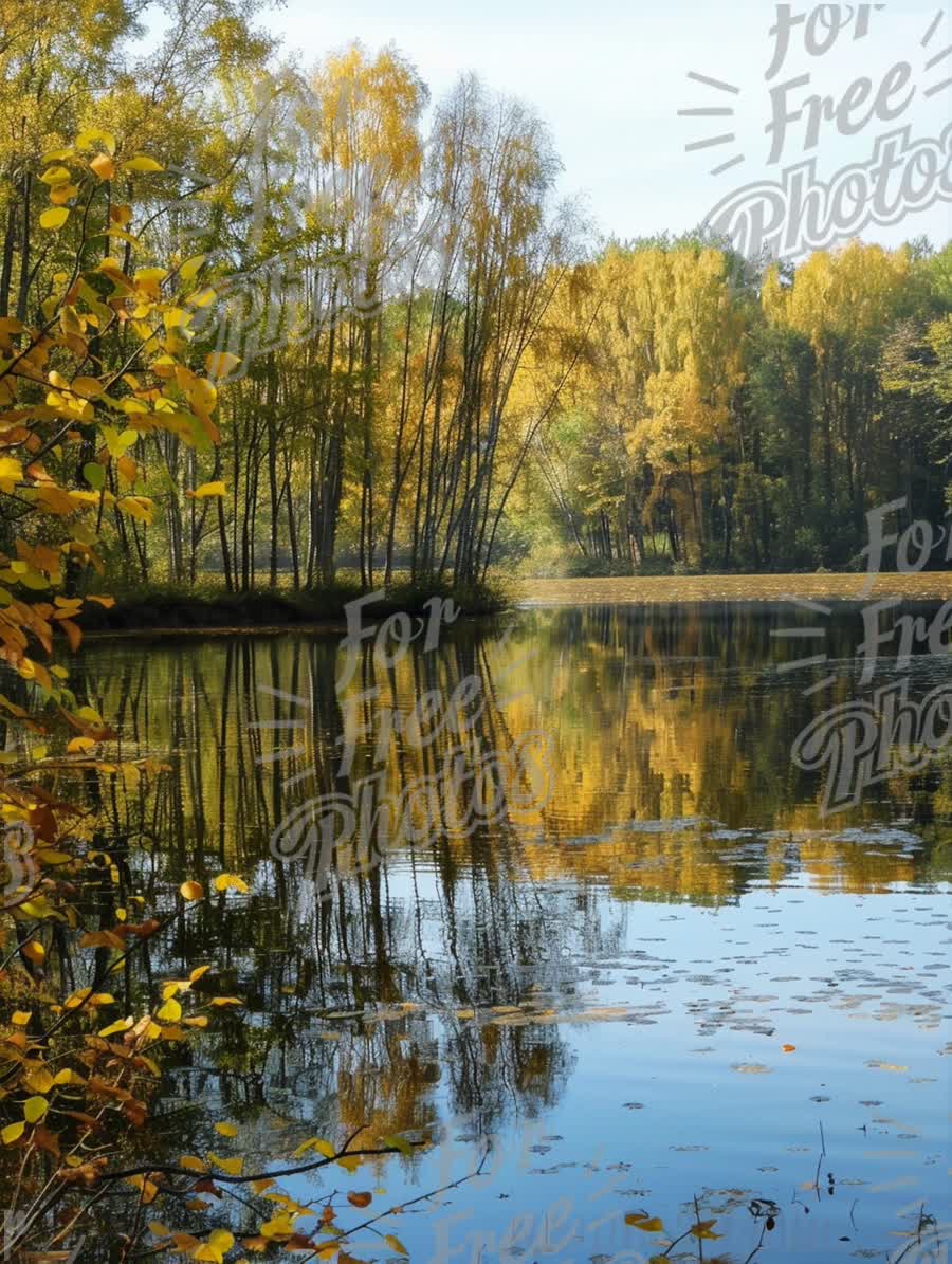 Tranquil Autumn Reflections: Serene Lake Surrounded by Colorful Fall Foliage