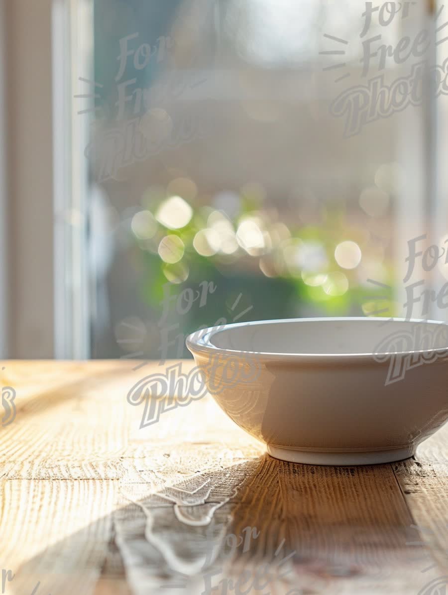 Minimalist White Bowl on Rustic Wooden Table with Soft Natural Light