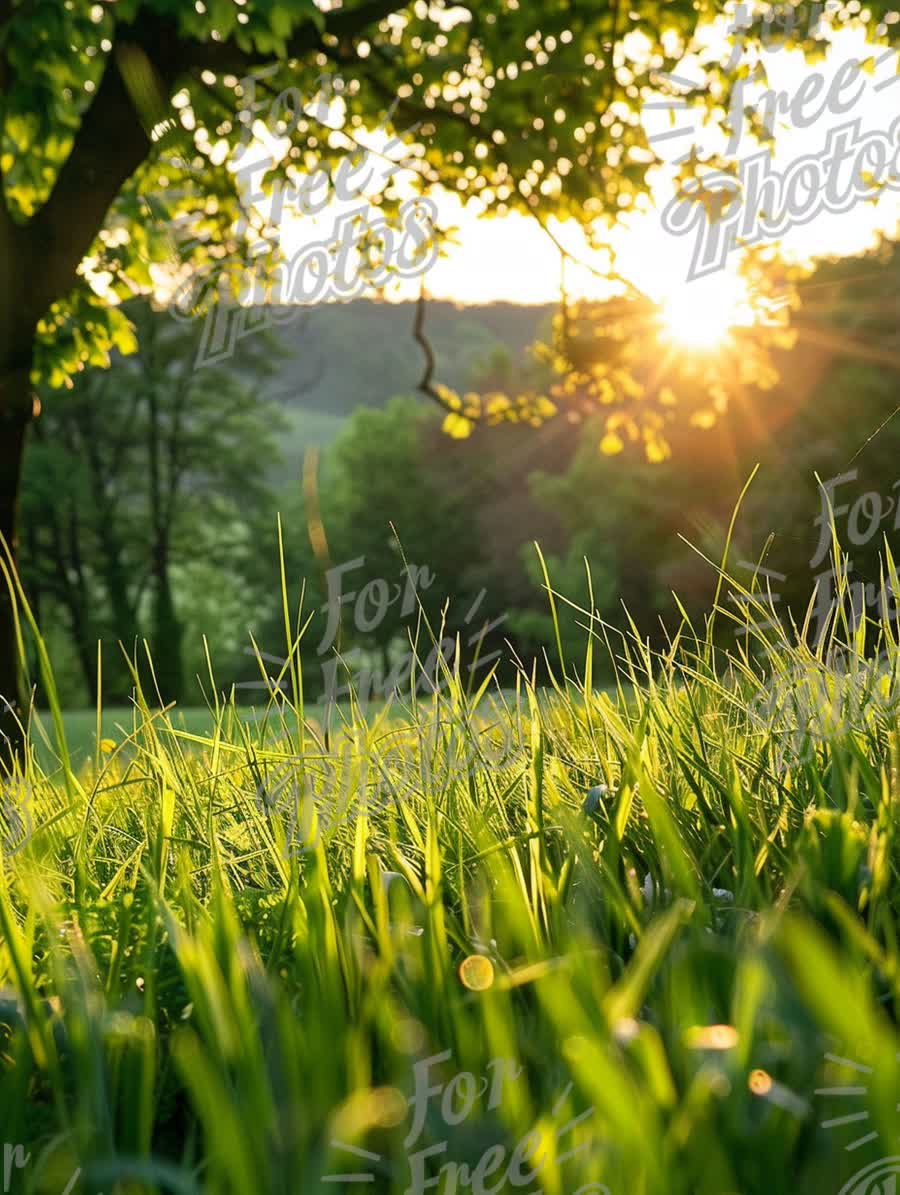 Sunlit Meadow: Tranquil Nature Scene with Dewy Grass and Warm Sunshine