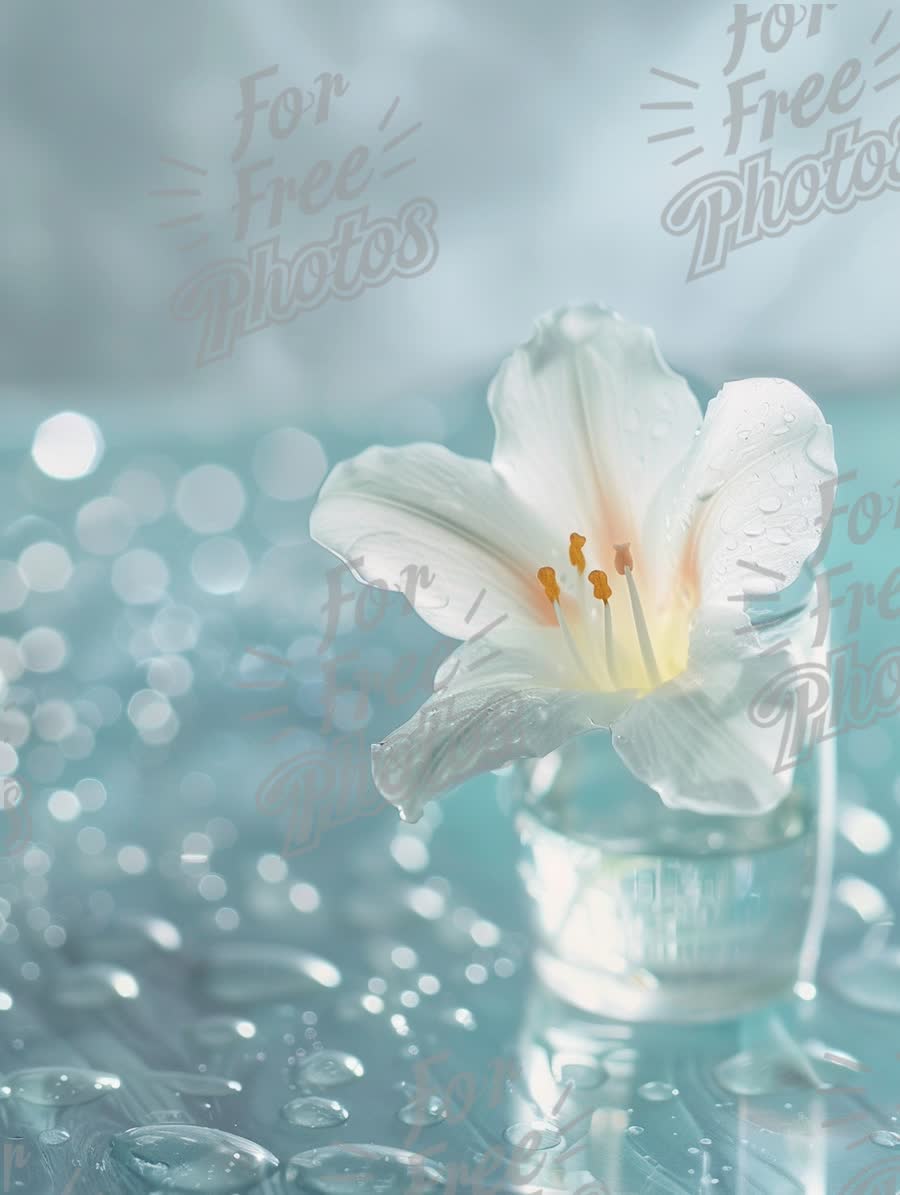 Delicate White Lily in Crystal Clear Water with Soft Bokeh Background