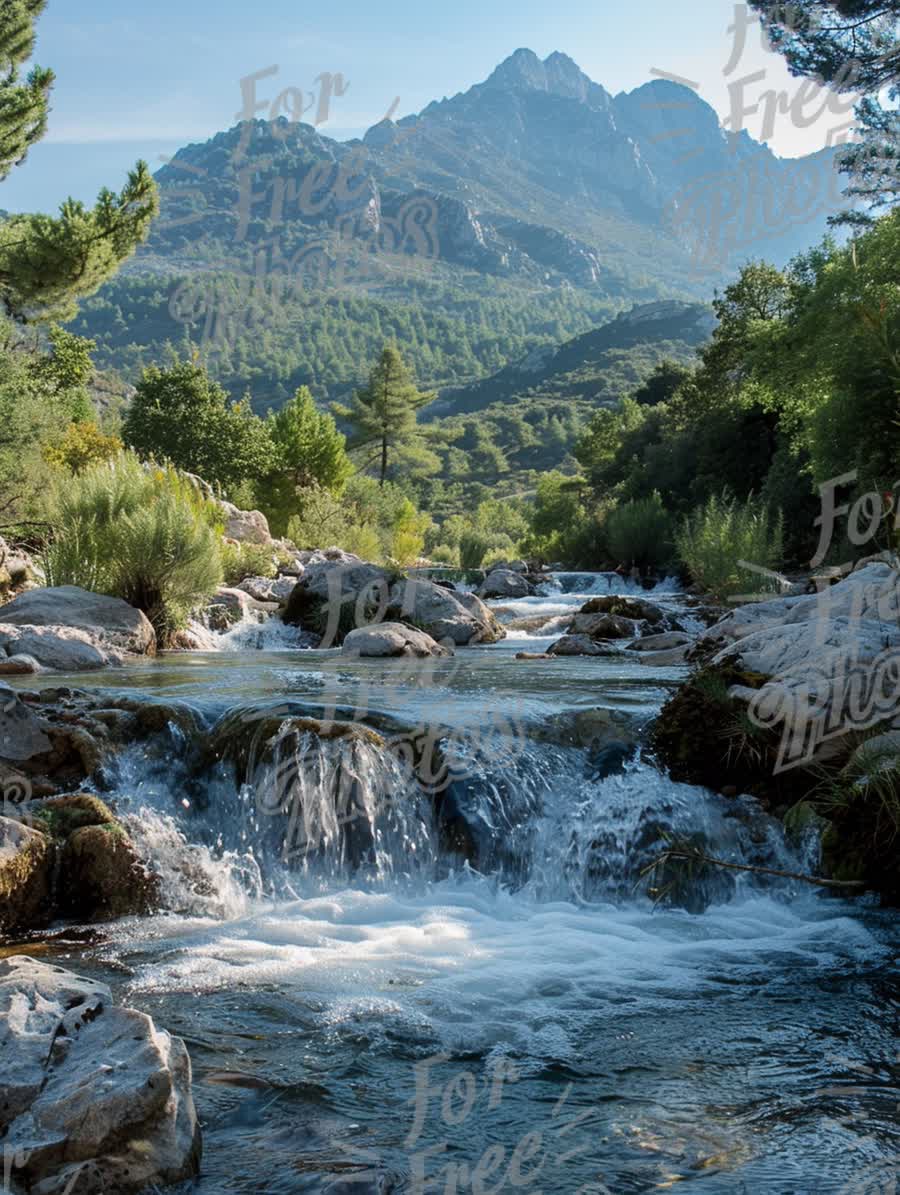 Serene Mountain Stream with Lush Greenery and Majestic Peaks