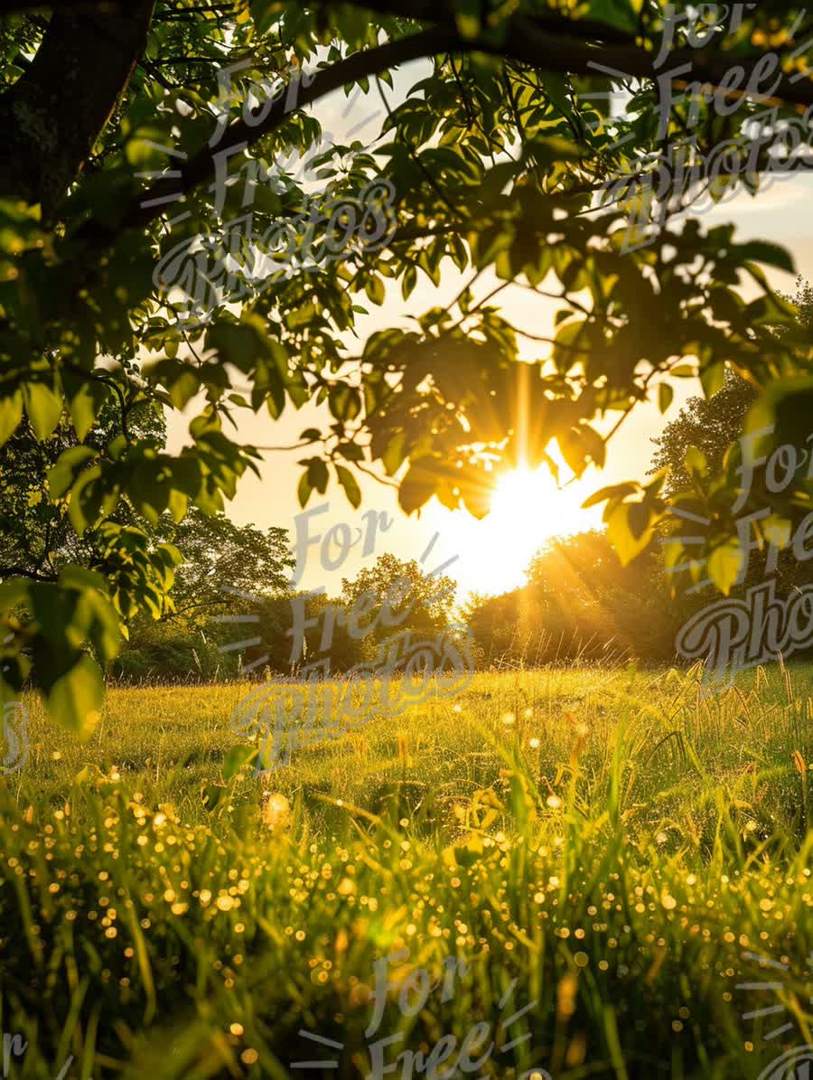 Golden Sunrise Over Dewy Meadow: Nature's Tranquil Beauty