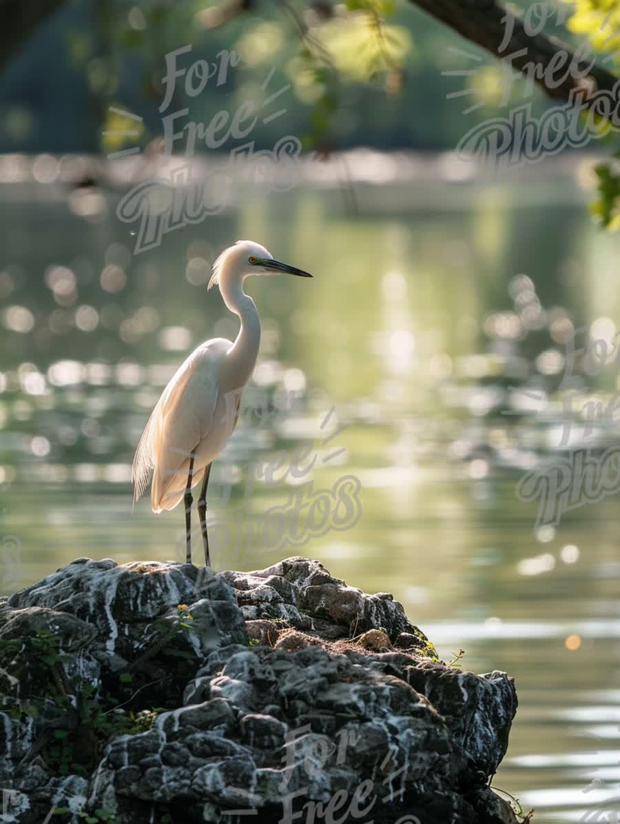 Elegant White Egret Standing on Rock by Serene Water