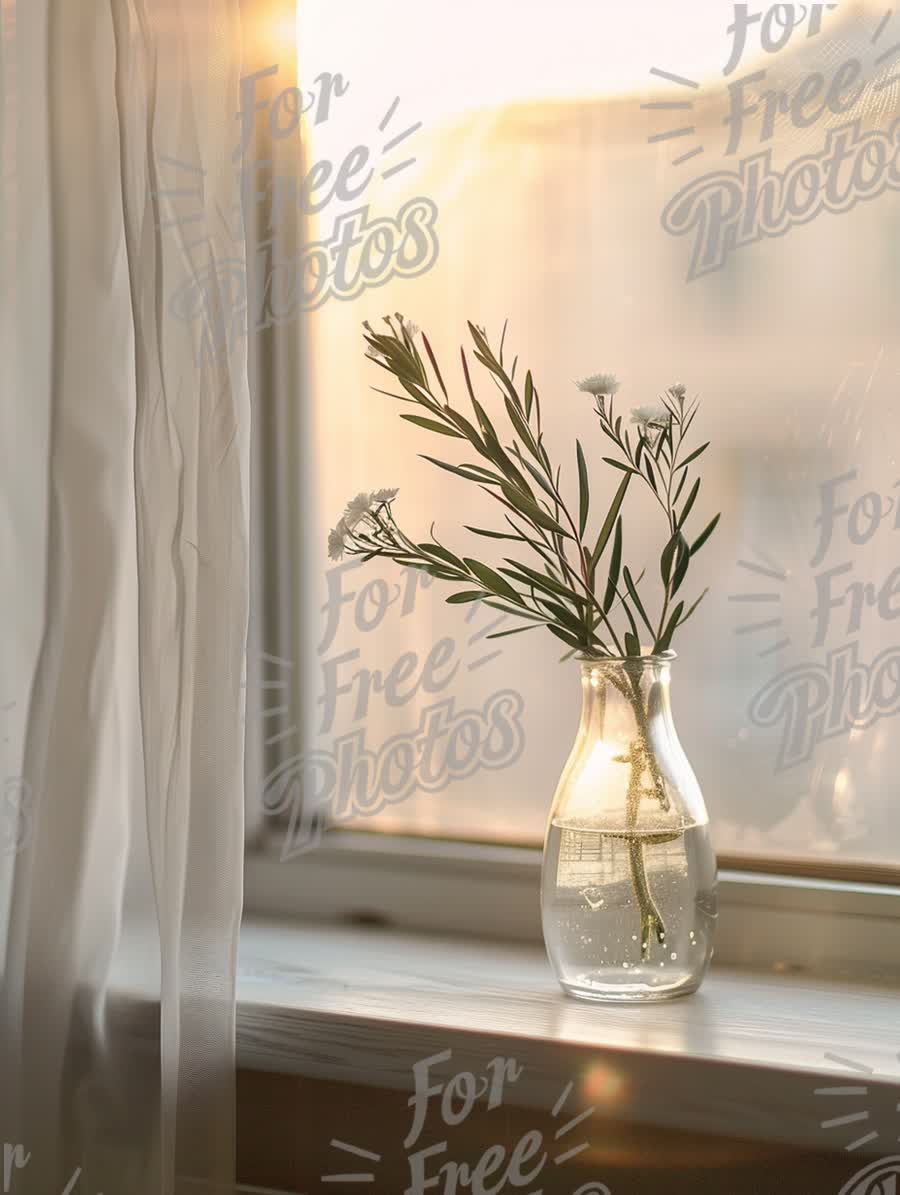 Serene Window Still Life: Fresh Flowers in Glass Vase with Soft Natural Light