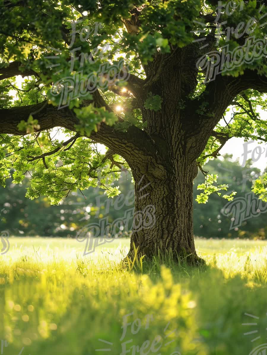 Majestic Oak Tree in Sunlit Meadow: Nature's Serenity and Tranquility