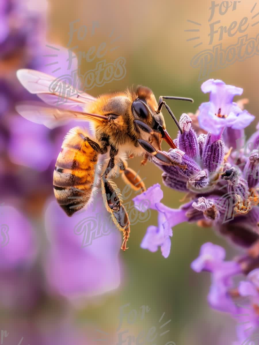 Close-Up of Honeybee Pollinating Lavender Flower in Vibrant Garden