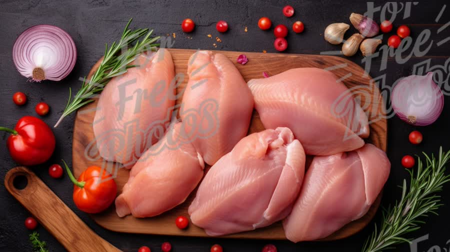 Fresh Chicken Breasts with Vegetables and Herbs on Wooden Cutting Board