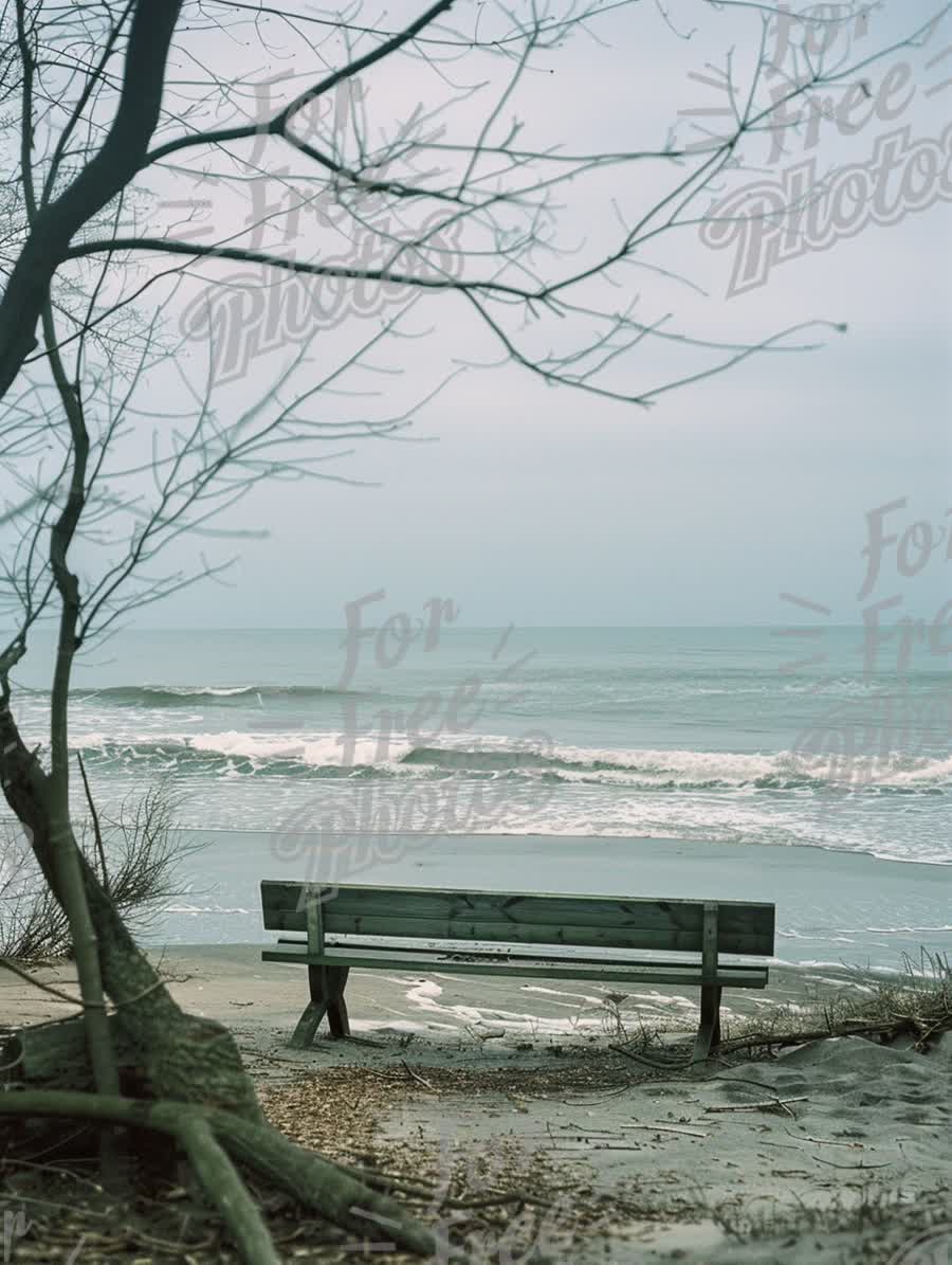 Serene Beachfront Bench with Ocean View: Tranquil Coastal Landscape