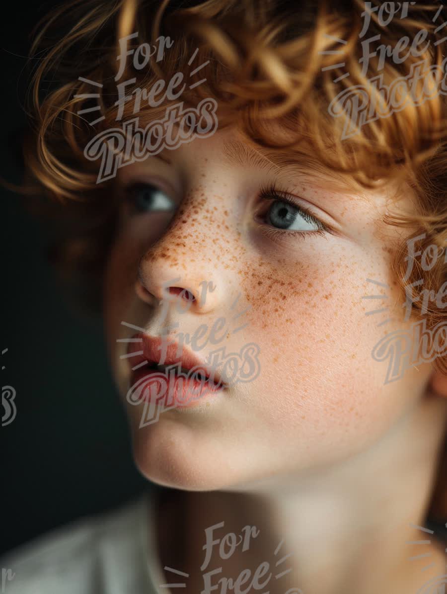 Close-Up Portrait of a Freckled Boy with Curly Hair and Expressive Eyes