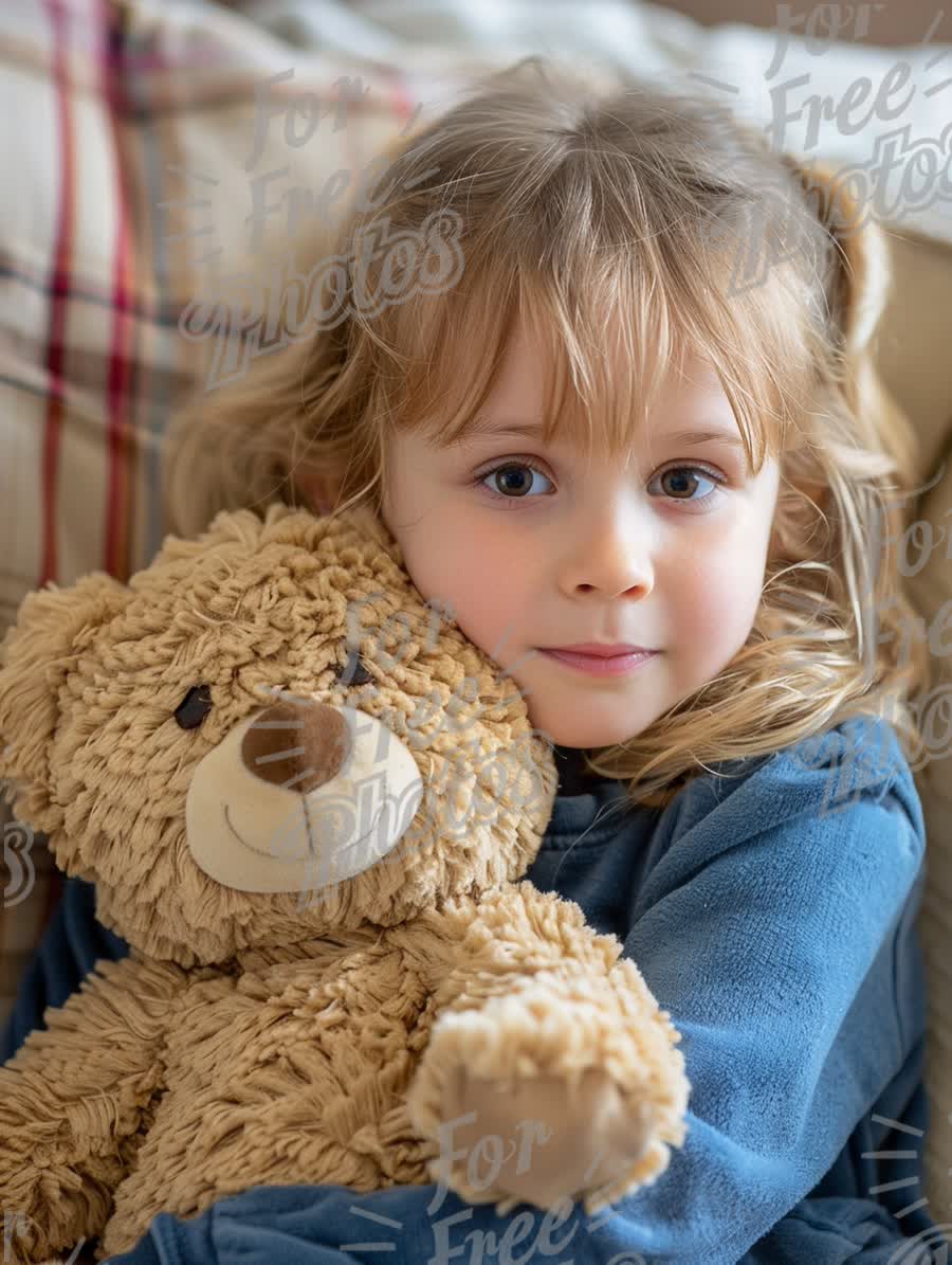 Cozy Childhood Moments: Girl with Teddy Bear in Soft Lighting