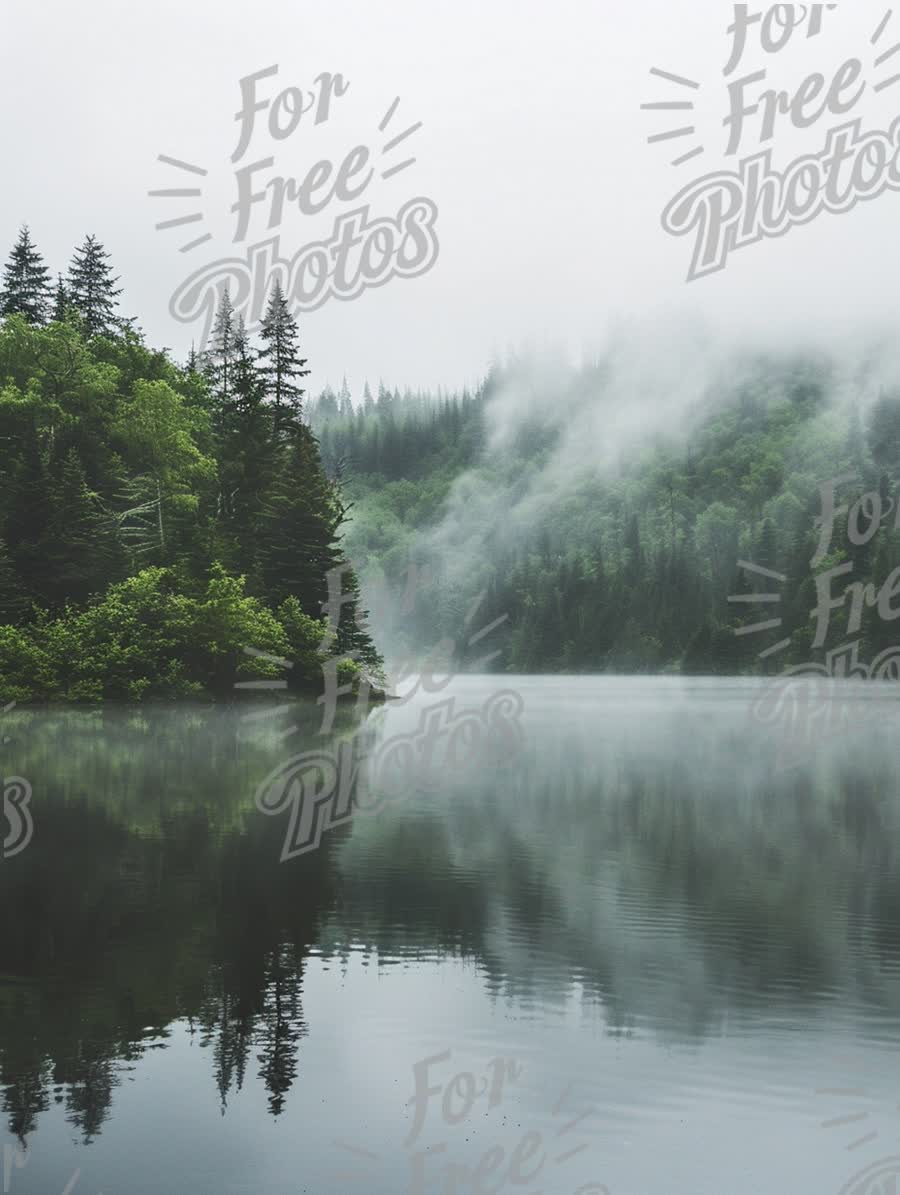 Serene Misty Lake Landscape with Reflections and Lush Green Forest