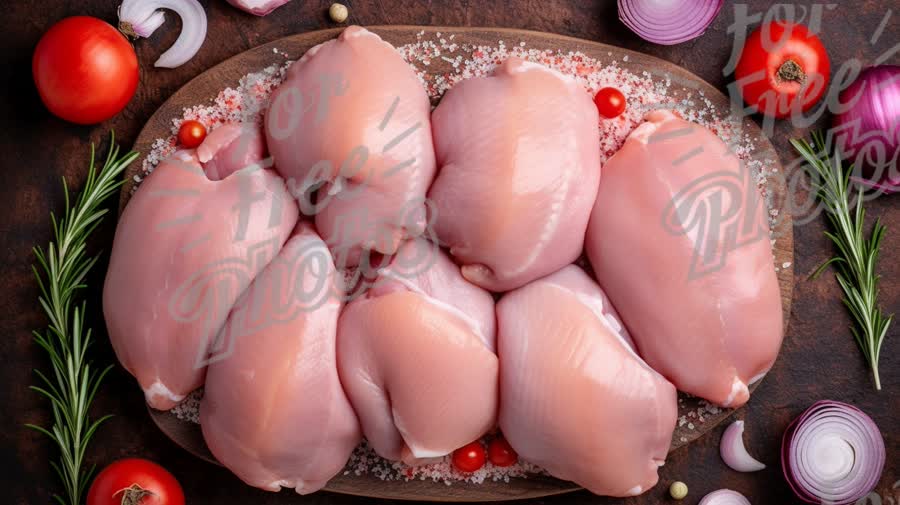 Fresh Raw Chicken Breasts on Wooden Platter with Herbs and Vegetables